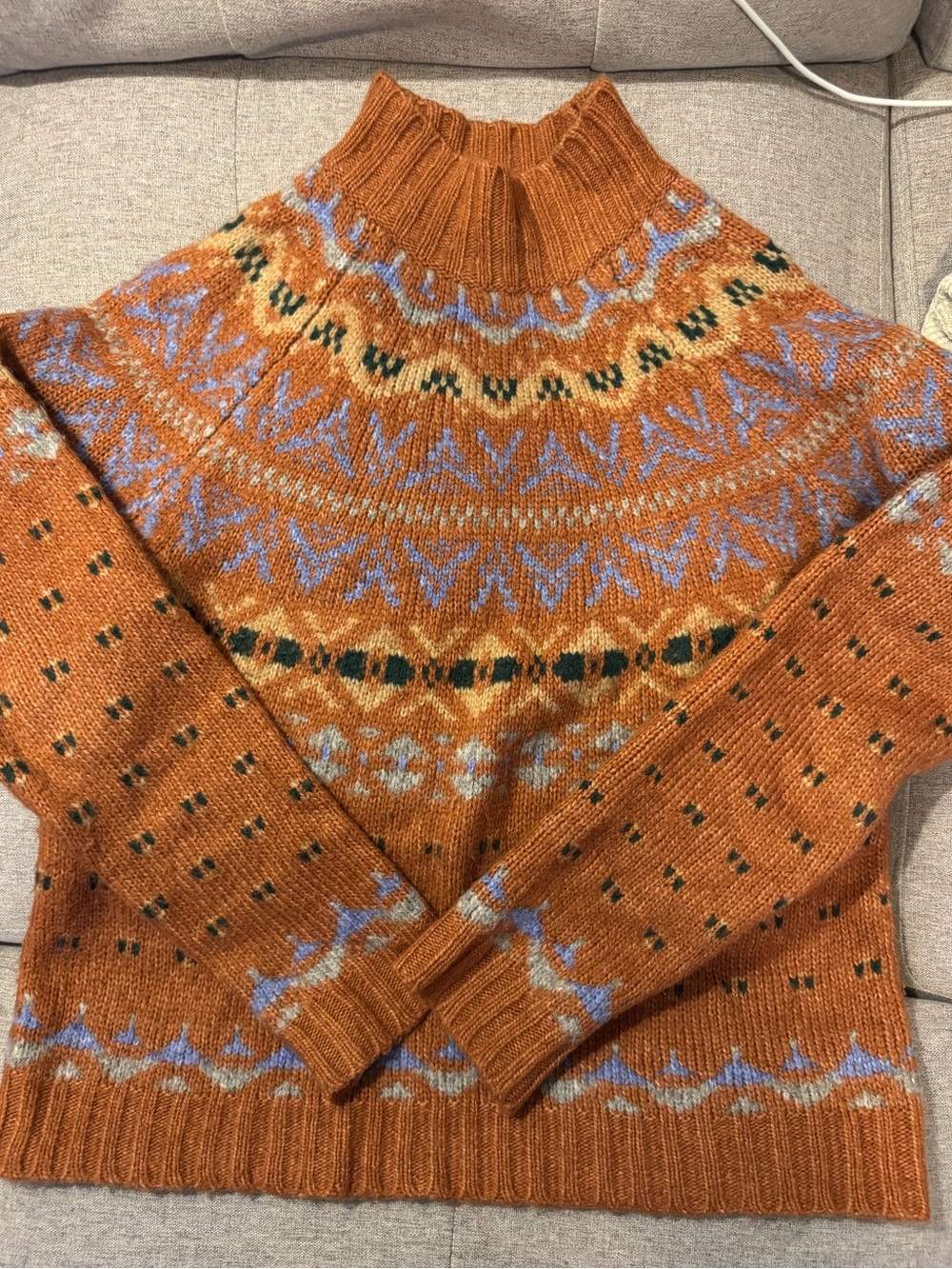 American Eagle Outfitters Rust Orange Fair Isle Knit Sweater with Blue Accents